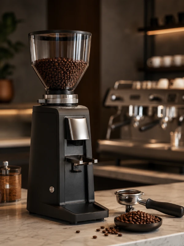 Professional coffee grinder for café espresso preparation with coffee beans and portafilter