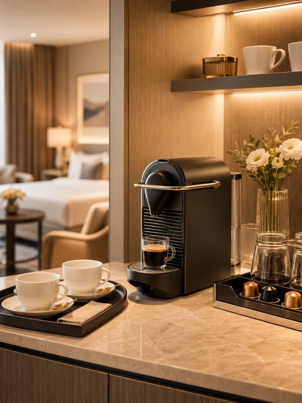 Hotel coffee machines arranged in a hospitality setting for guest room and lounge use