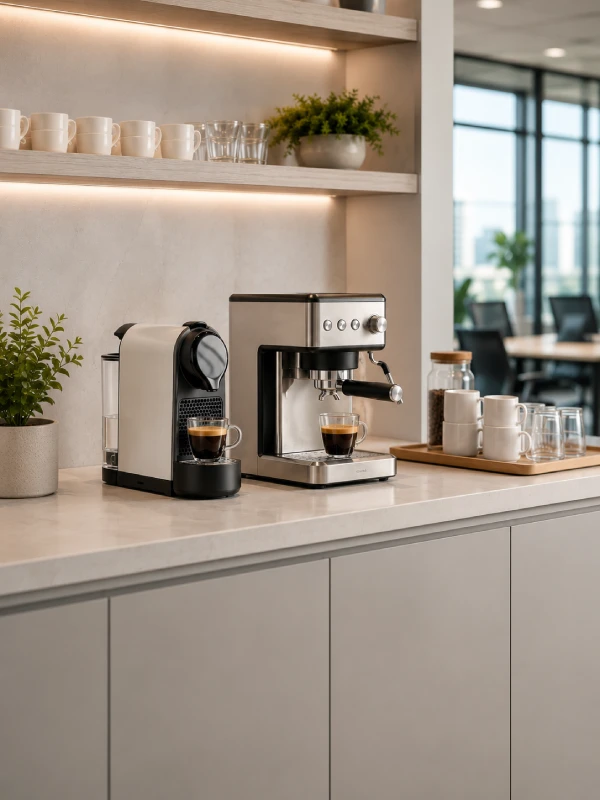 Office coffee machines in a modern pantry area for workplace coffee solutions