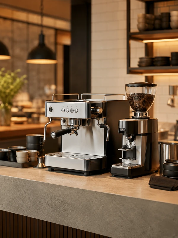 Espresso machine and coffee grinder setup for restaurant and café coffee service