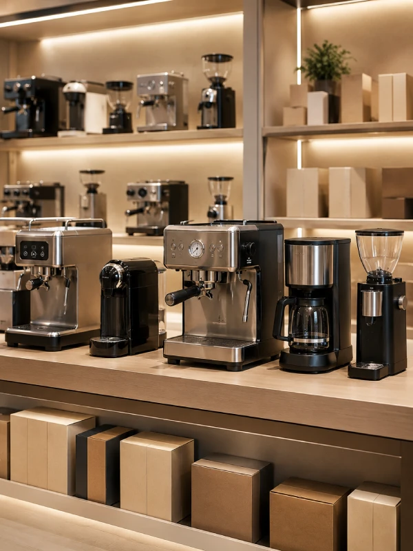 Coffee machines and grinders displayed in a showroom for distributors and retail buyers