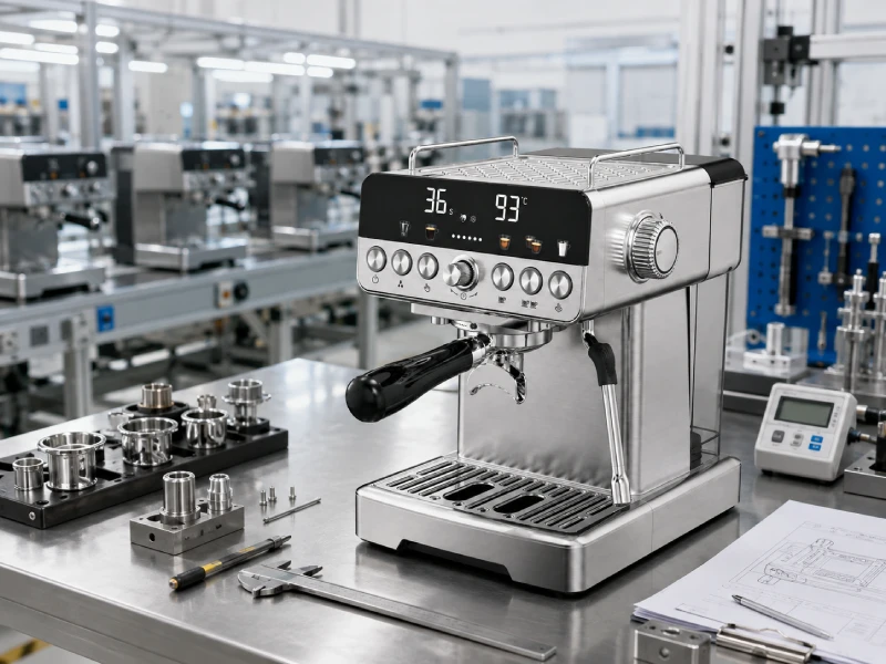 YSELE espresso coffee machine in a factory engineering and manufacturing verification workspace