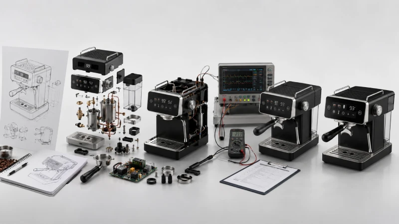 Coffee machine OEM development workflow showing concept design, engineering parts, prototype testing and production-ready espresso machines