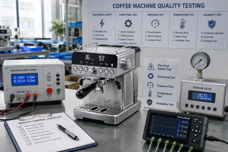 YSELE espresso coffee machine undergoing electrical safety, functional, pressure, temperature and reliability testing
