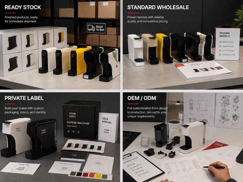 Coffee machine sourcing routes including ready stock, wholesale, private label and OEM ODM