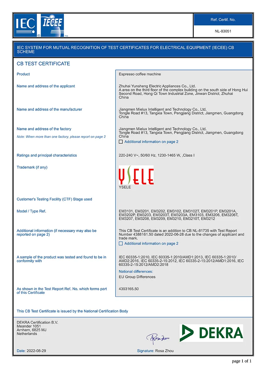 CB test certificate for YSELE espresso coffee machines