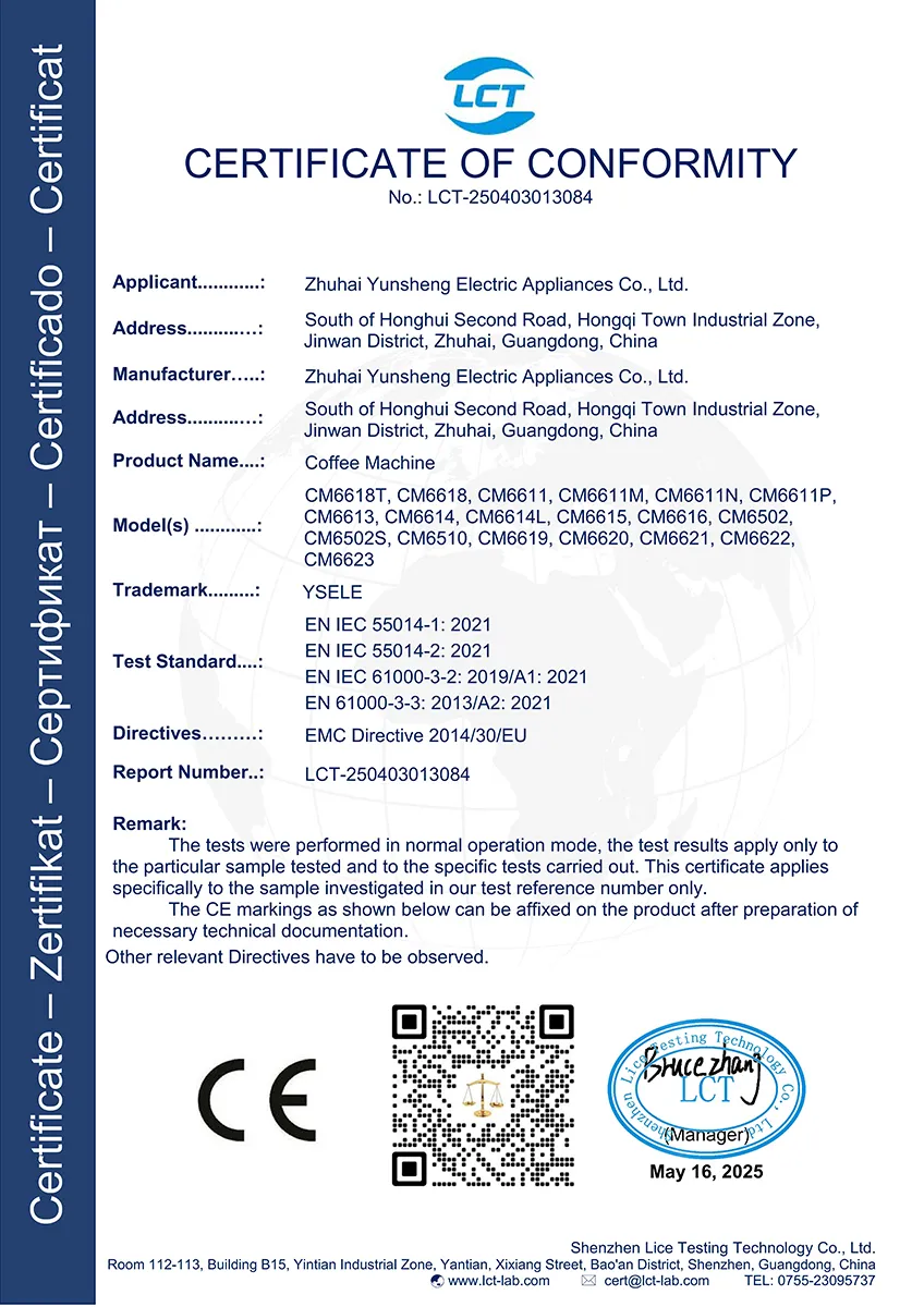 CE EMC certificate of conformity for YSELE coffee machines