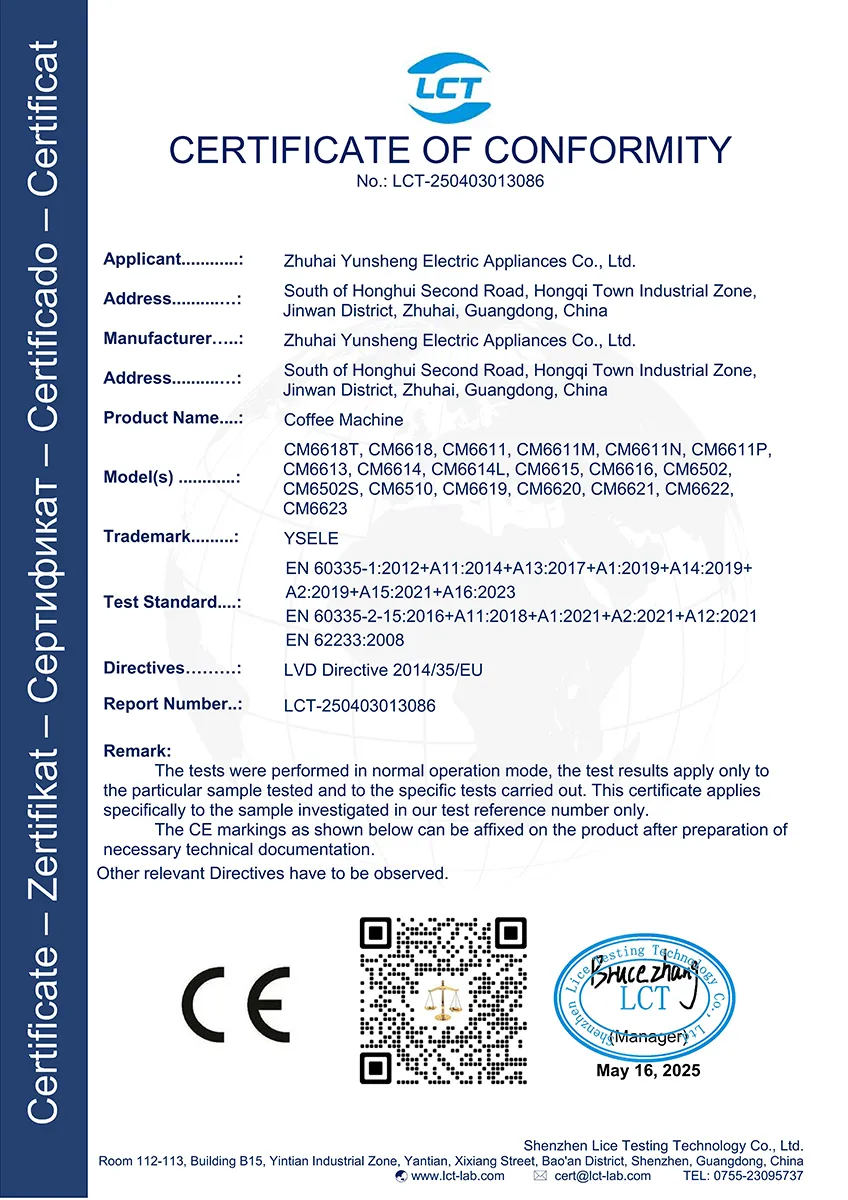 CE LVD certificate of conformity for YSELE coffee machines