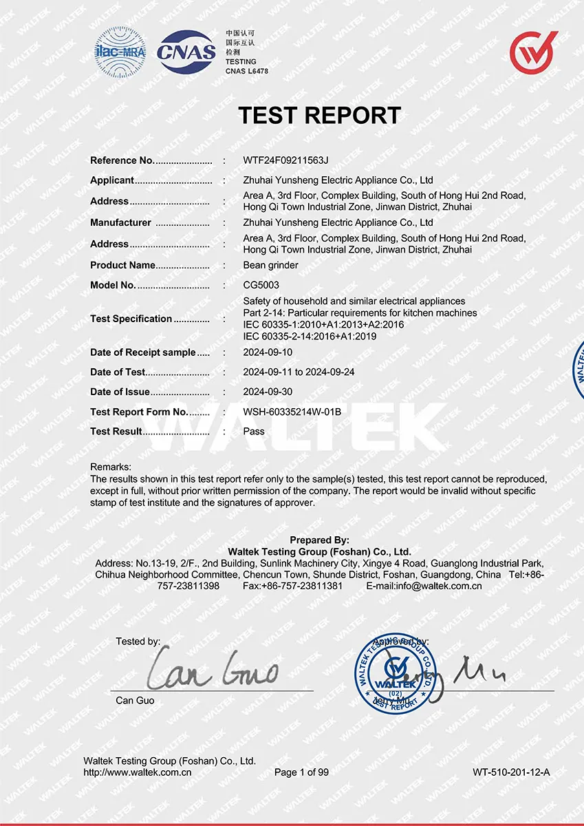 IEC safety test report for YSELE bean grinder CG5003