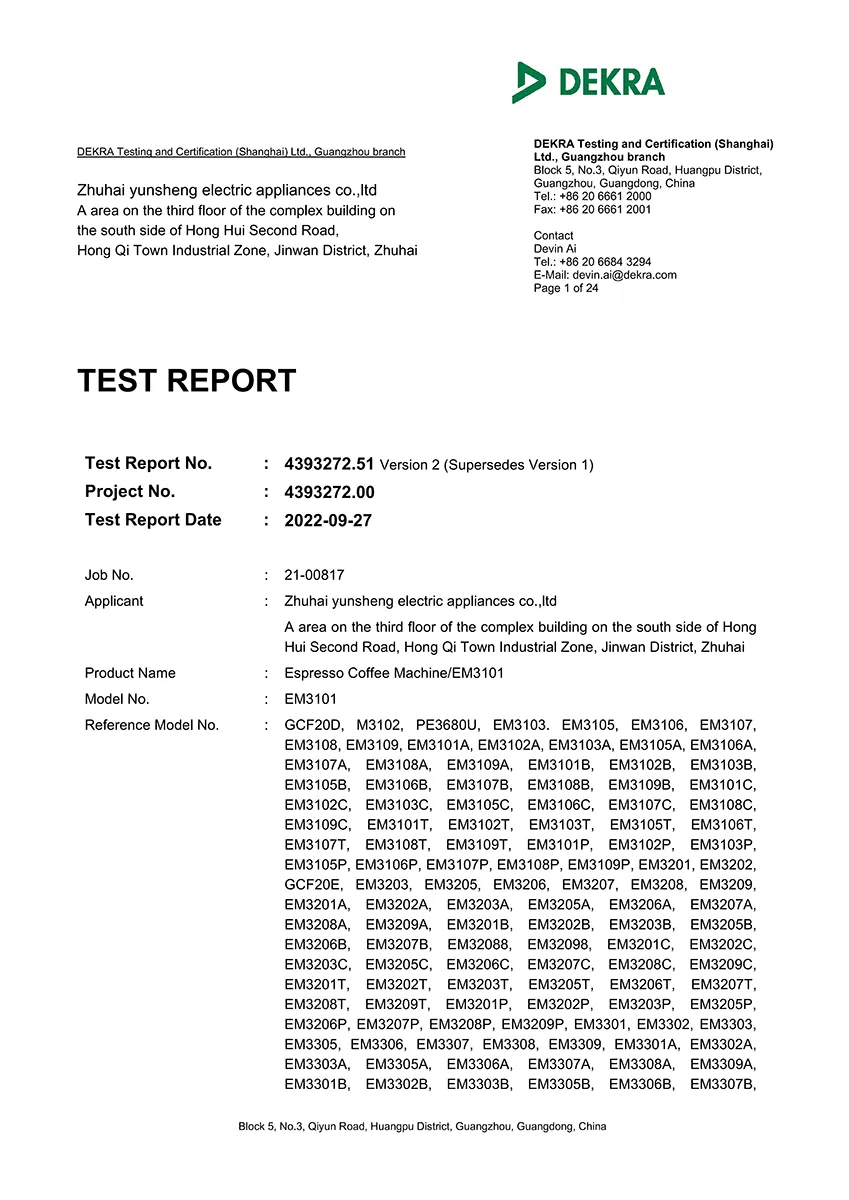 LFGB food-contact test report for YSELE espresso coffee machine EM3101