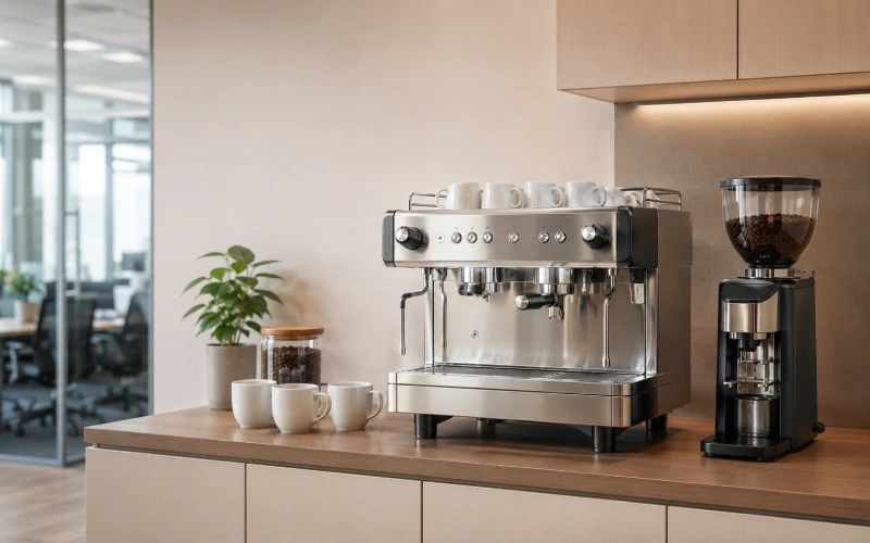 Espresso coffee machine in a modern corporate office pantry