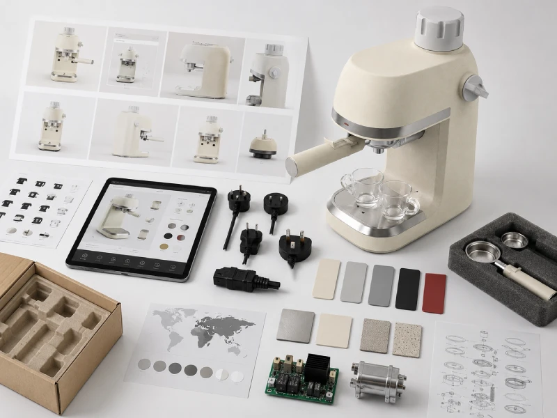 OEM coffee machine RFQ workspace showing product specifications, electrical plugs, color samples, components and packaging requirements