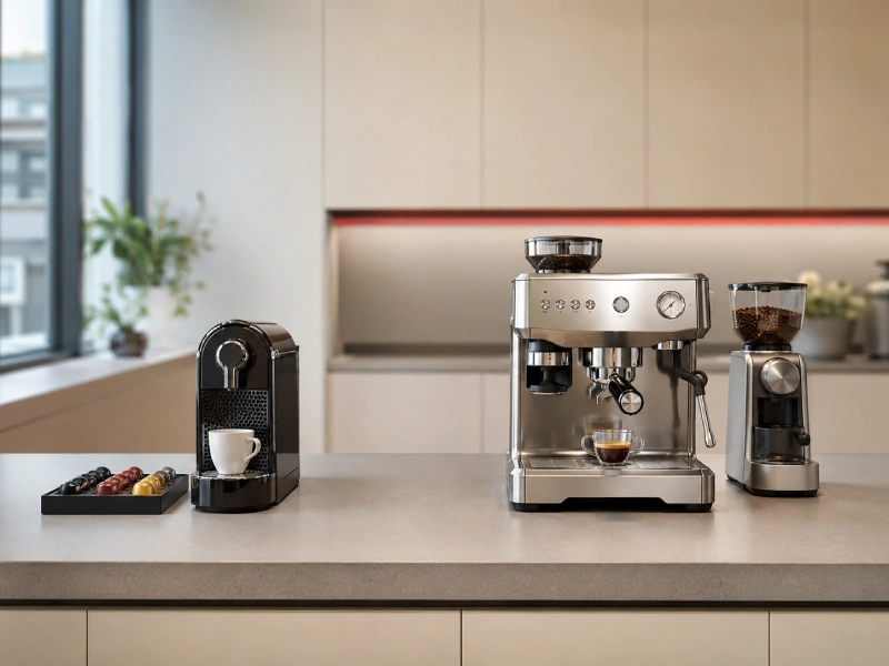 Office coffee machine with accessible water tank, drip tray and removable maintenance components