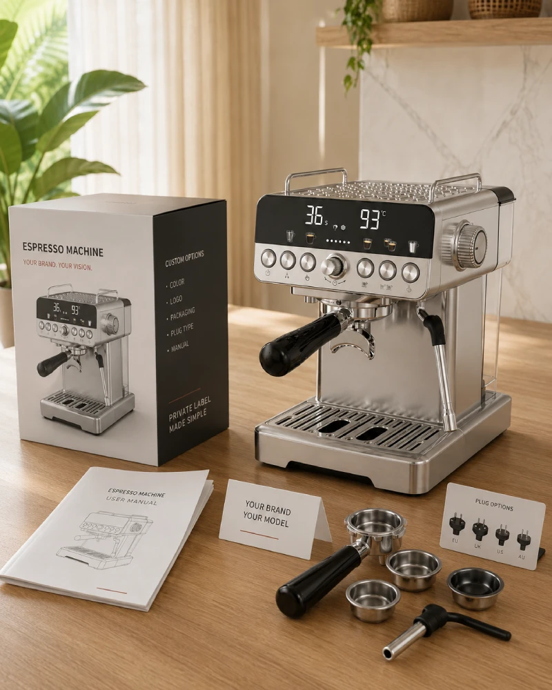 Private label coffee machine with branded packaging, manuals, labels and accessories