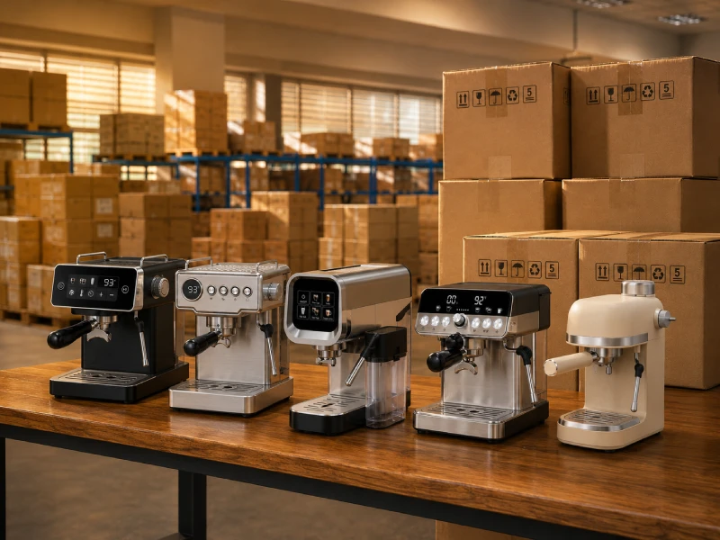Ready stock coffee machines displayed in YSELE warehouse for fast sourcing and shipment