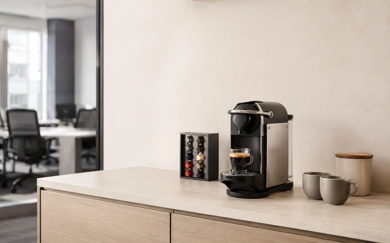 Compact coffee machine in a small modern office coffee area