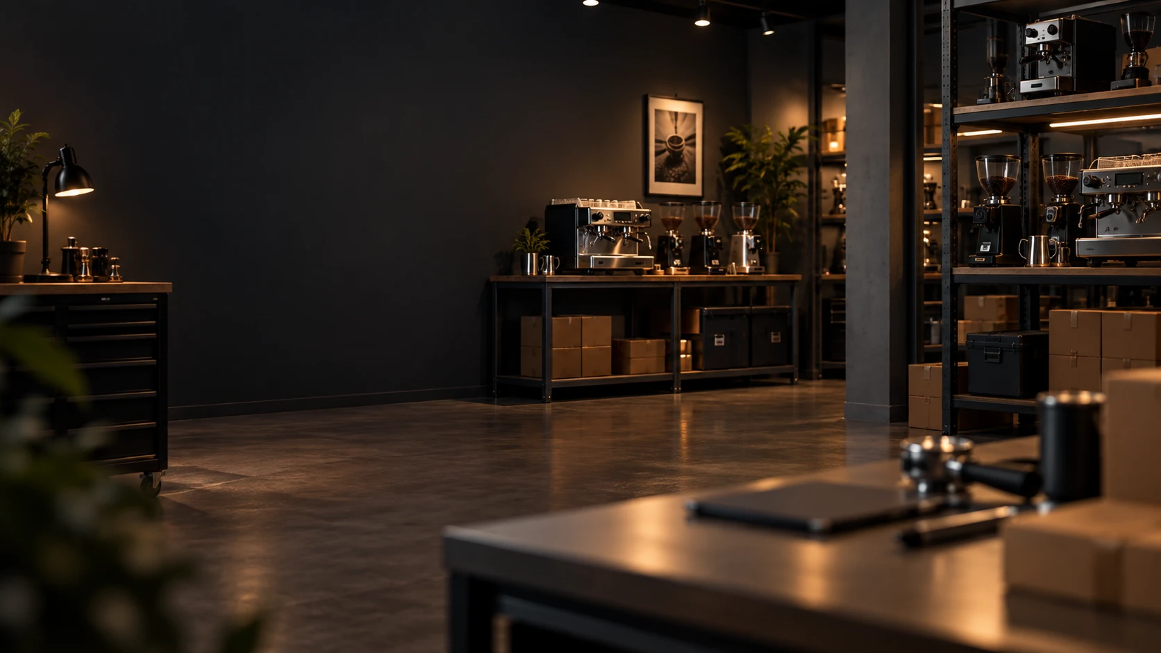 Ready stock coffee machines and grinders arranged in a professional sourcing and inventory preparation area