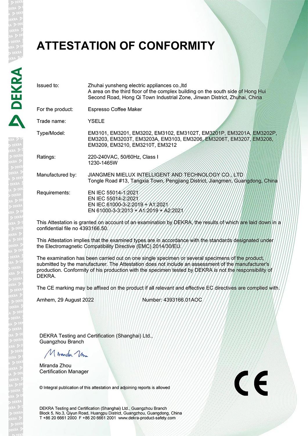 CE EMC attestation for YSELE espresso coffee makers