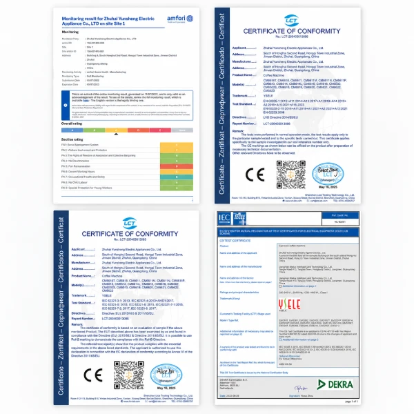 YSELE compliance documentation including amfori BSCI monitoring, CE and RoHS conformity certificates, and an IECEE CB test certificate for coffee machines