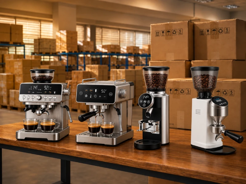 Ready stock coffee machines displayed in YSELE warehouse for fast sourcing and shipment